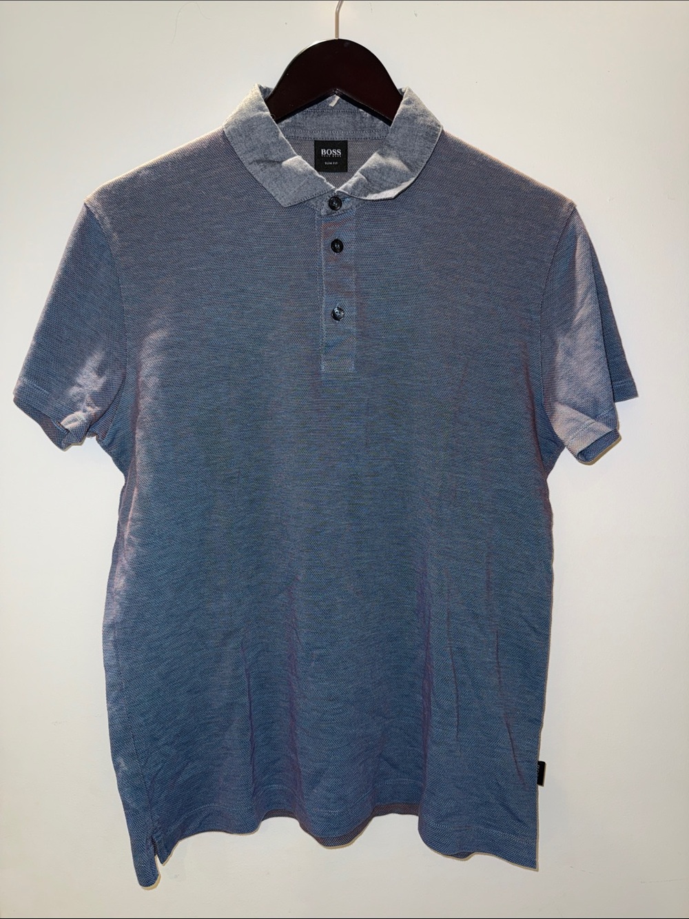 BOSS Men's Heather Blue Polo with Red Contrast Collar